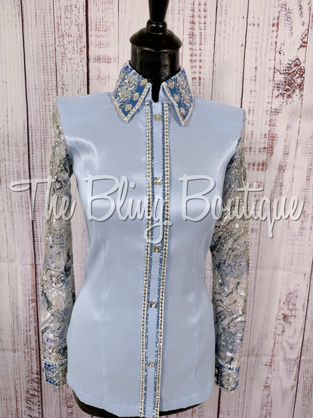 Ice Blue, Periwinkle & White Day Shirt Set With Beaded Sheer Sleeves (S)