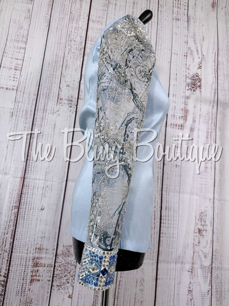 Ice Blue, Periwinkle & White Day Shirt Set With Beaded Sheer Sleeves (S)