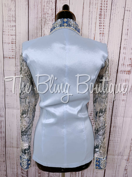 Ice Blue, Periwinkle & White Day Shirt Set With Beaded Sheer Sleeves (S)