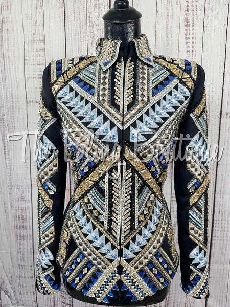 Black, Periwinkle, Ice Blue, Tan & Gunmetal Showmanship Jacket (Small)