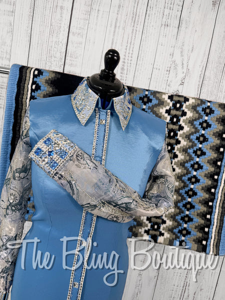 Cornflower Blue Day Shirt Set With Beaded Sheer Sleeves (Medium)
