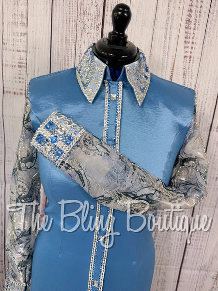 Cornflower Blue Day Shirt Set With Beaded Sheer Sleeves (Medium)