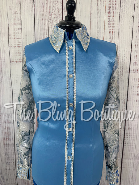 Cornflower Blue Day Shirt Set With Beaded Sheer Sleeves (Medium)