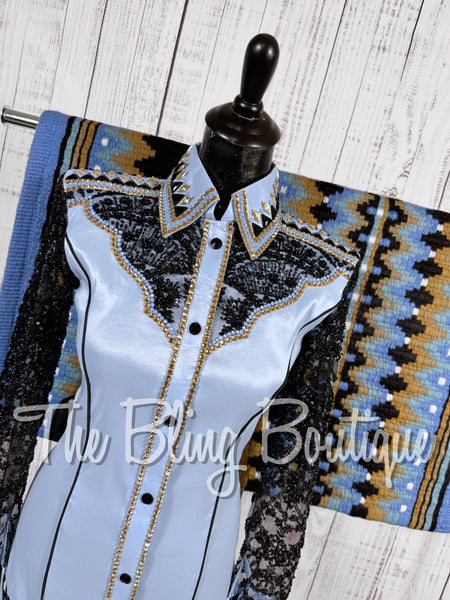 Ice Blue, Black Lace & Tan Day Shirt Set With Beaded Sheer Sleeves (XS/S)