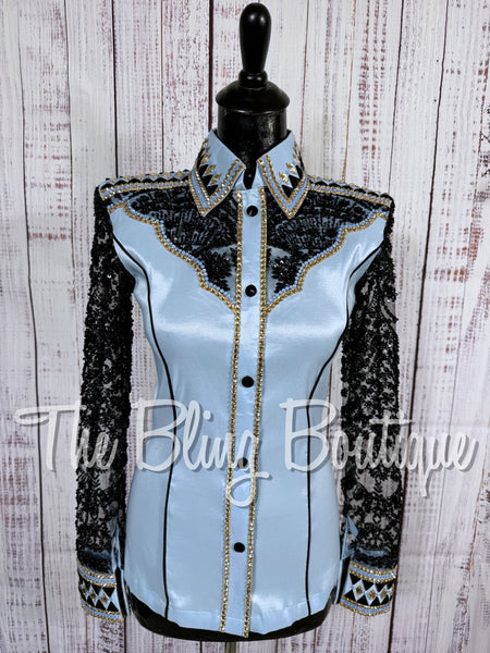 Ice Blue, Black Lace & Tan Day Shirt Set With Beaded Sheer Sleeves (XS/S)