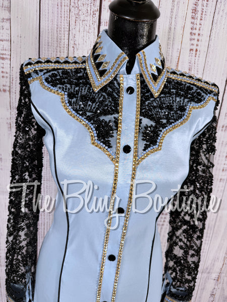 Ice Blue, Black Lace & Tan Day Shirt Set With Beaded Sheer Sleeves (XS/S)