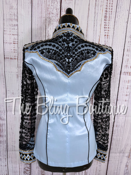 Ice Blue, Black Lace & Tan Day Shirt Set With Beaded Sheer Sleeves (XS/S)