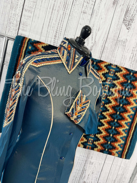 RE-ORDER Smokey Teal, Blue, Rust & Tan Day Shirt Set (Choose Your Size)