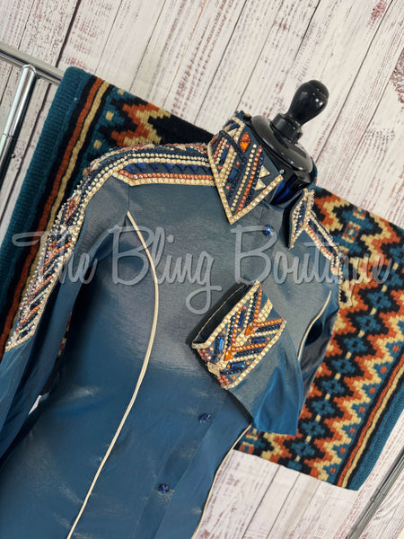 RE-ORDER Smokey Teal, Blue, Rust & Tan Day Shirt Set (Choose Your Size)