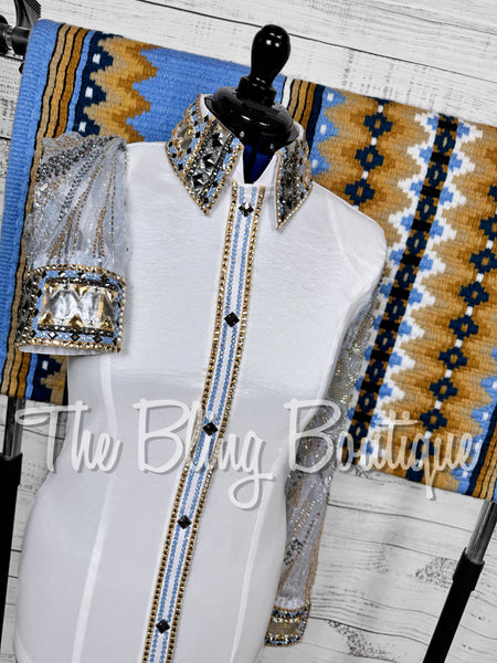 White, Light Blue & Tan Day Shirt Set With Beaded Lace Sleeves (Large)