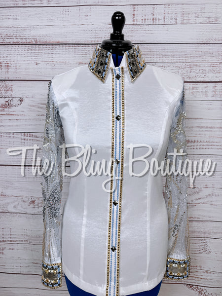 White, Light Blue & Tan Day Shirt Set With Beaded Lace Sleeves (Large)