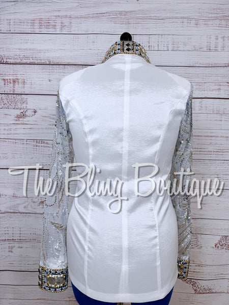 White, Light Blue & Tan Day Shirt Set With Beaded Lace Sleeves (Large)