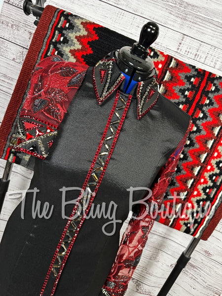 Black & Burgundy Day Shirt Set With Beaded Lace Sleeves (Large)