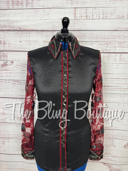 Black & Burgundy Day Shirt Set With Beaded Lace Sleeves (Large)