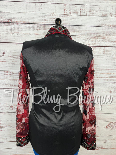 Black & Burgundy Day Shirt Set With Beaded Lace Sleeves (Large)