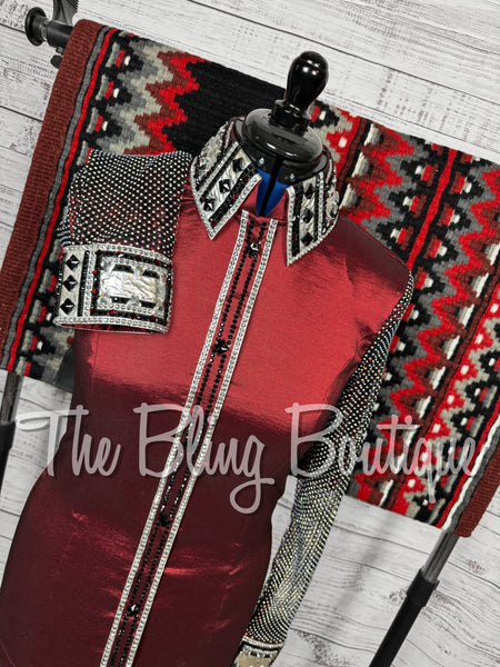 Burgundy & Black Day Shirt Set With AB Crystal Mesh Sleeves (Large)