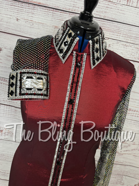Burgundy & Black Day Shirt Set With AB Crystal Mesh Sleeves (Large)
