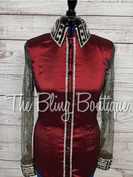 Burgundy & Black Day Shirt Set With AB Crystal Mesh Sleeves (Large)