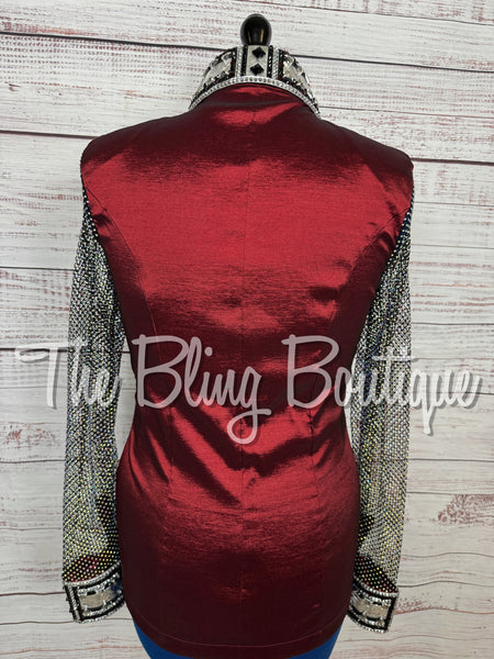 Burgundy & Black Day Shirt Set With AB Crystal Mesh Sleeves (Large)