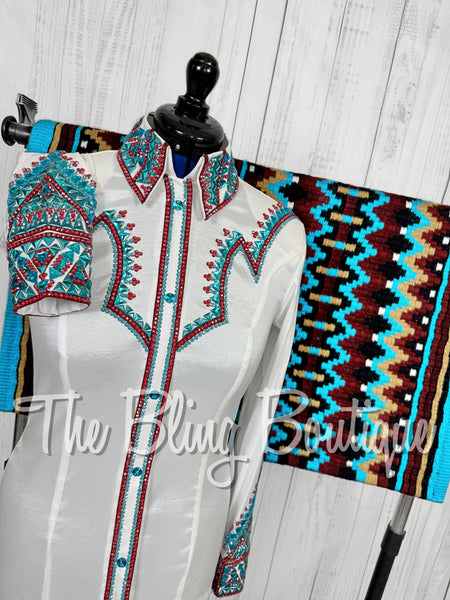 White, Turquoise & Burgundy Day Shirt Set (Medium)