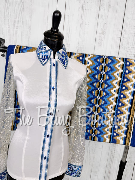 White, Blue & Light Blue Day Shirt Set With Beaded Lace Sleeves (Small)
