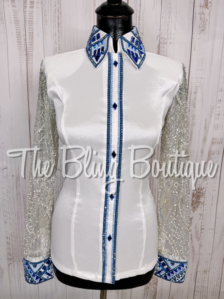 White, Blue & Light Blue Day Shirt Set With Beaded Lace Sleeves (Small)