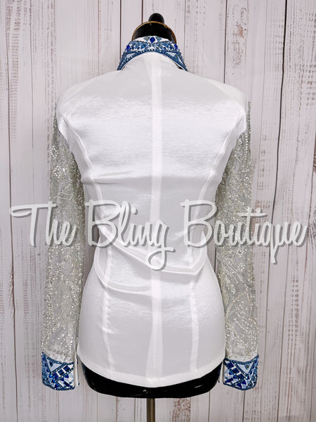 White, Blue & Light Blue Day Shirt Set With Beaded Lace Sleeves (Small)