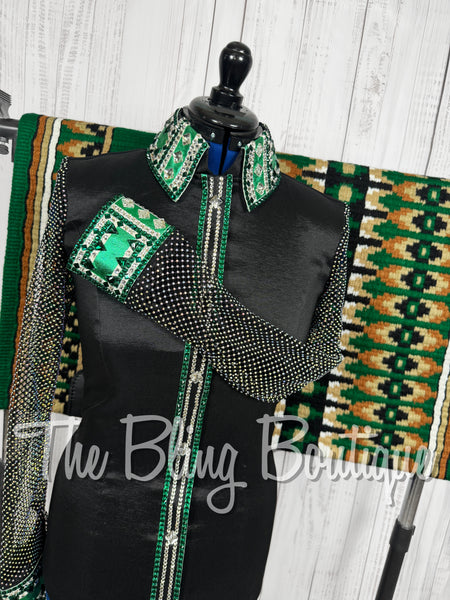 Black & Emerald Green Day Shirt Set With Crystal Mesh Sleeves (Medium)