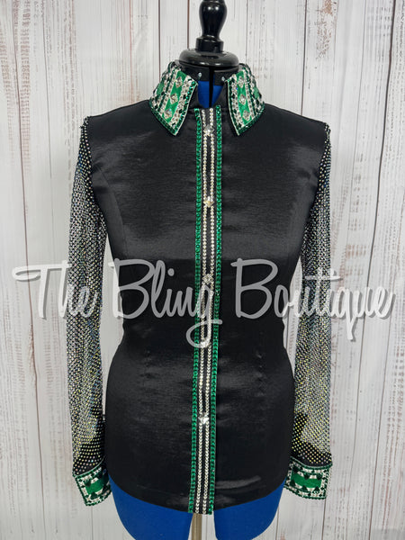 Black & Emerald Green Day Shirt Set With Crystal Mesh Sleeves (Medium)