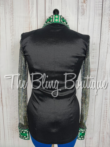 Black & Emerald Green Day Shirt Set With Crystal Mesh Sleeves (Medium)