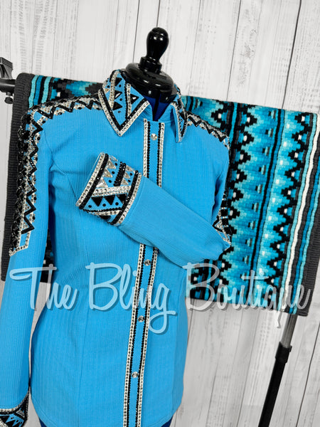 Turquoise, Black, Silver & White Day Shirt Set (Large)