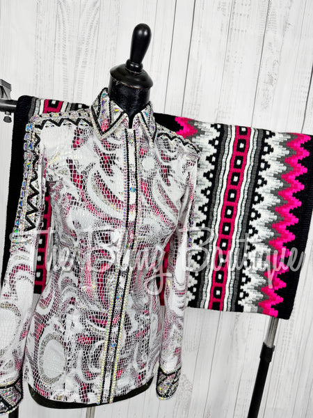 RE-ORDER White, Fuchsia, Silver & Black Metallic Snakeskin Day Shirt Set (Choose Your Size)