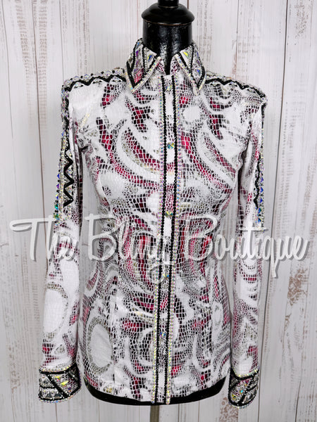 White, Fuchsia, Silver & Black Metallic Snakeskin Day Shirt Set (Small)