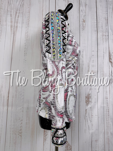White, Fuchsia, Silver & Black Metallic Snakeskin Day Shirt Set (Small)