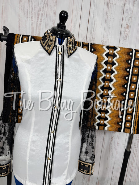 White, Black & Tan Day Shirt Set With Crystal Mesh Sleeves (Large)