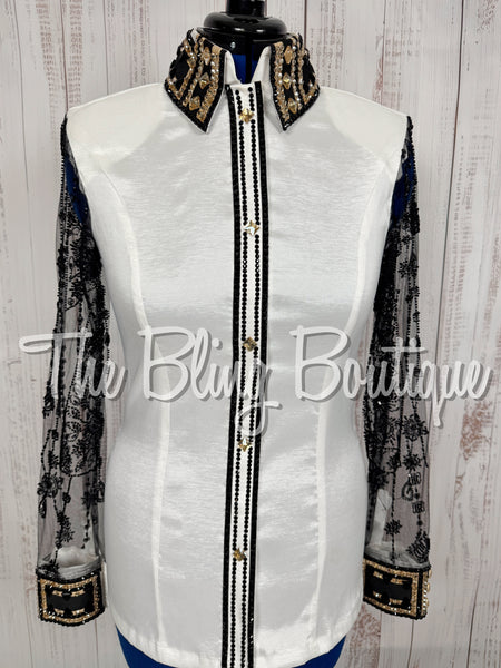 White, Black & Tan Day Shirt Set With Crystal Mesh Sleeves (Large)