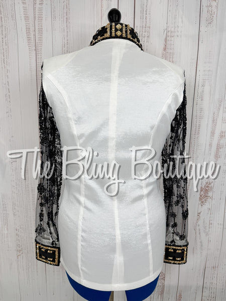 White, Black & Tan Day Shirt Set With Crystal Mesh Sleeves (Large)