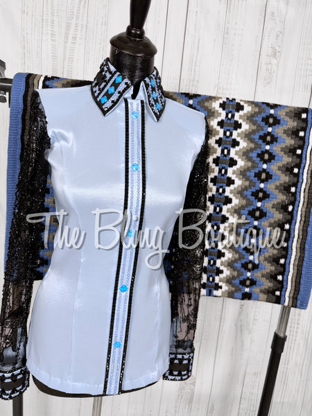 Ice Blue & Black Day Shirt Set With Beaded Lace Sleeves (Small)