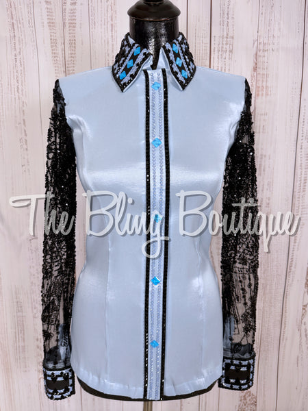 Ice Blue & Black Day Shirt Set With Beaded Lace Sleeves (Small)