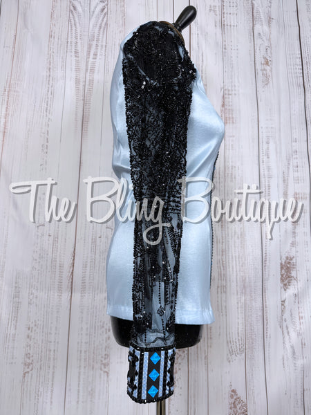 Ice Blue & Black Day Shirt Set With Beaded Lace Sleeves (Small)