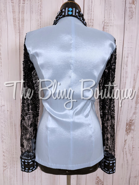 Ice Blue & Black Day Shirt Set With Beaded Lace Sleeves (Small)