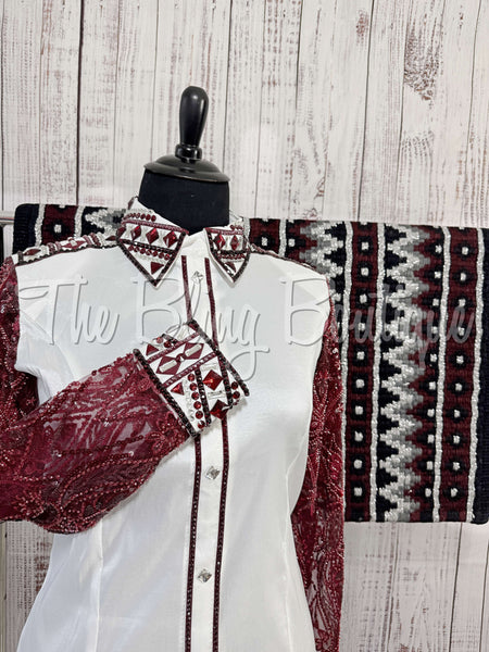 White & Burgundy Day Shirt Set With Beaded Lace Sleeves (3XL)