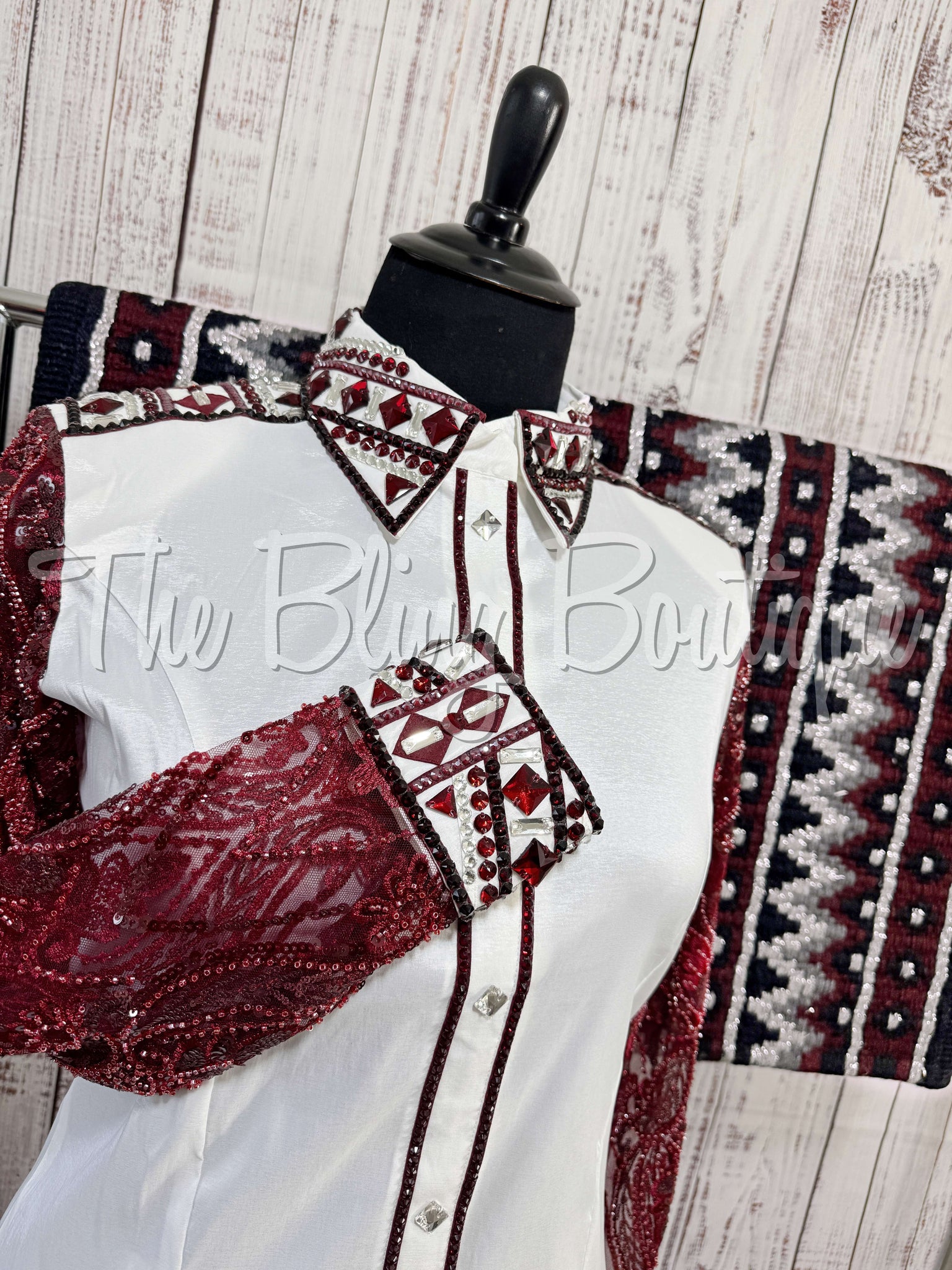 White & Burgundy Day Shirt Set With Beaded Lace Sleeves (3XL)