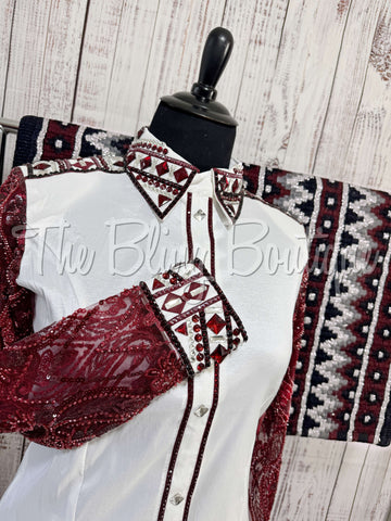 White & Burgundy Day Shirt Set With Beaded Lace Sleeves (3XL)