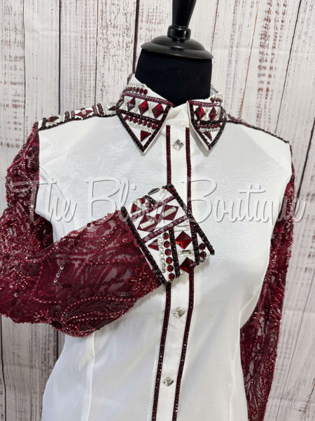White & Burgundy Day Shirt Set With Beaded Lace Sleeves (3XL)