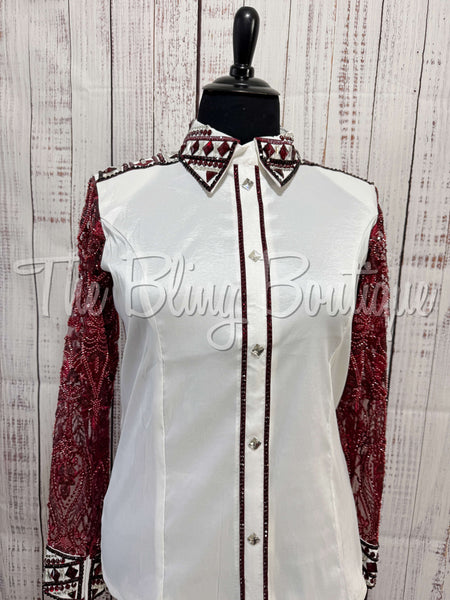 White & Burgundy Day Shirt Set With Beaded Lace Sleeves (3XL)