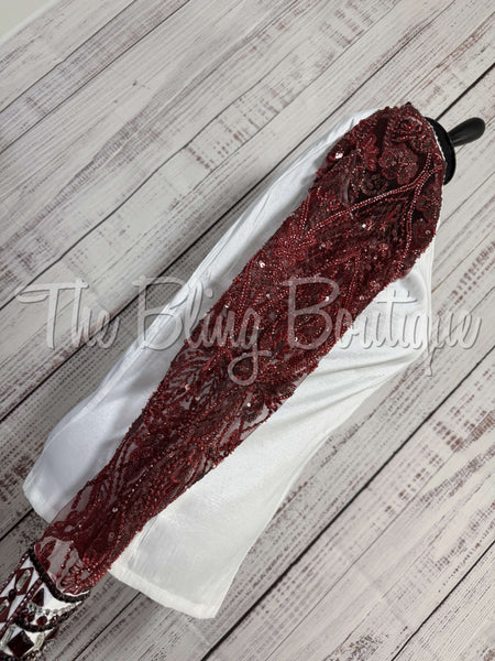 White & Burgundy Day Shirt Set With Beaded Lace Sleeves (3XL)