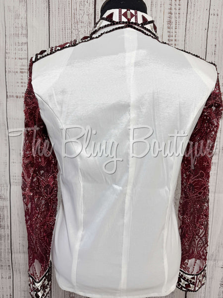 White & Burgundy Day Shirt Set With Beaded Lace Sleeves (3XL)