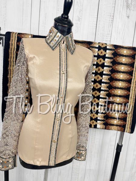 Tan & Champagne Day Shirt Set With Beaded Lace Sleeves (Small)