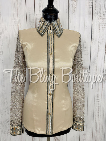 Tan & Champagne Day Shirt Set With Beaded Lace Sleeves (Small)
